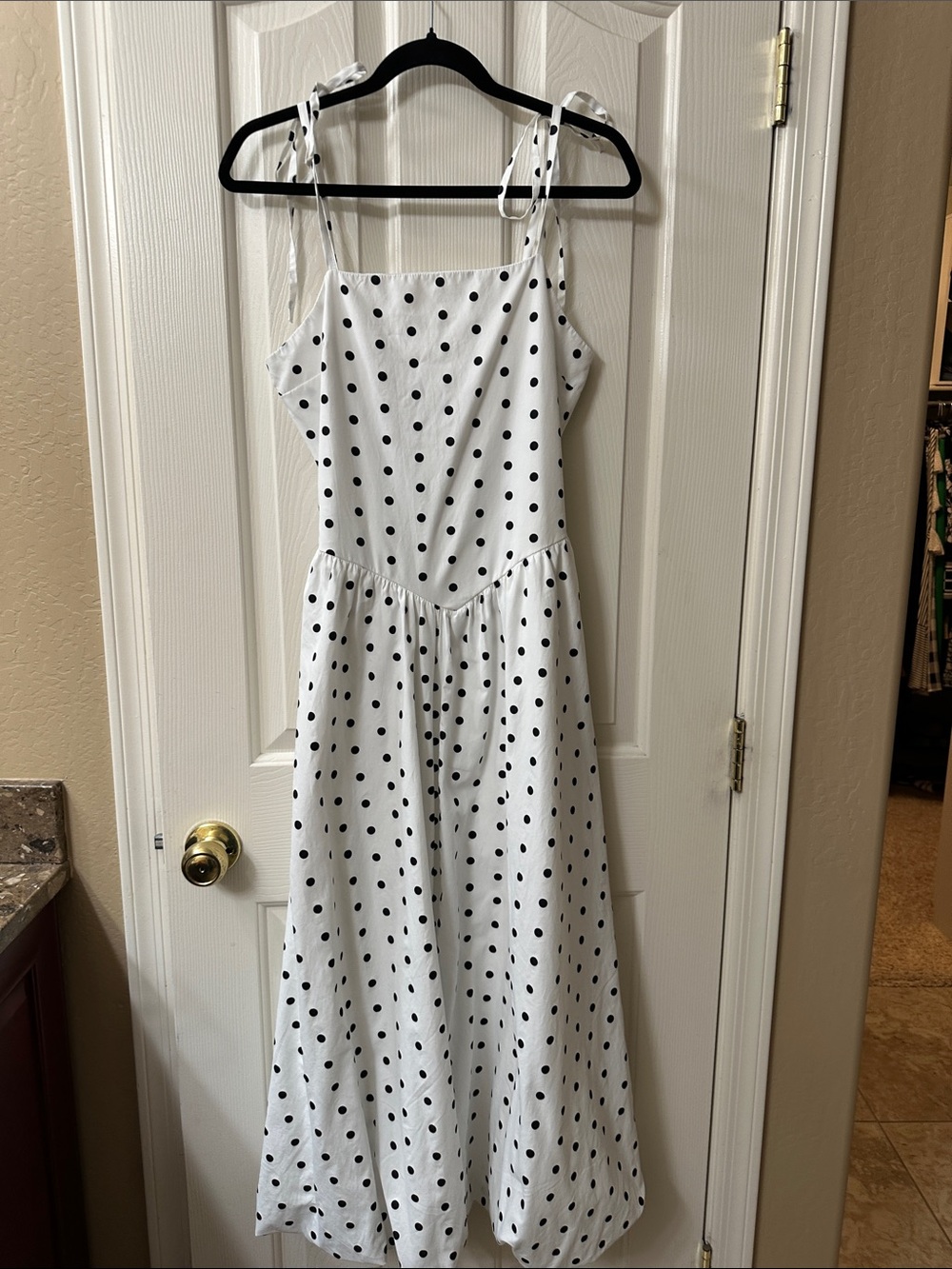 Tie-Shoulder White Polka Dot Maxi Dress
